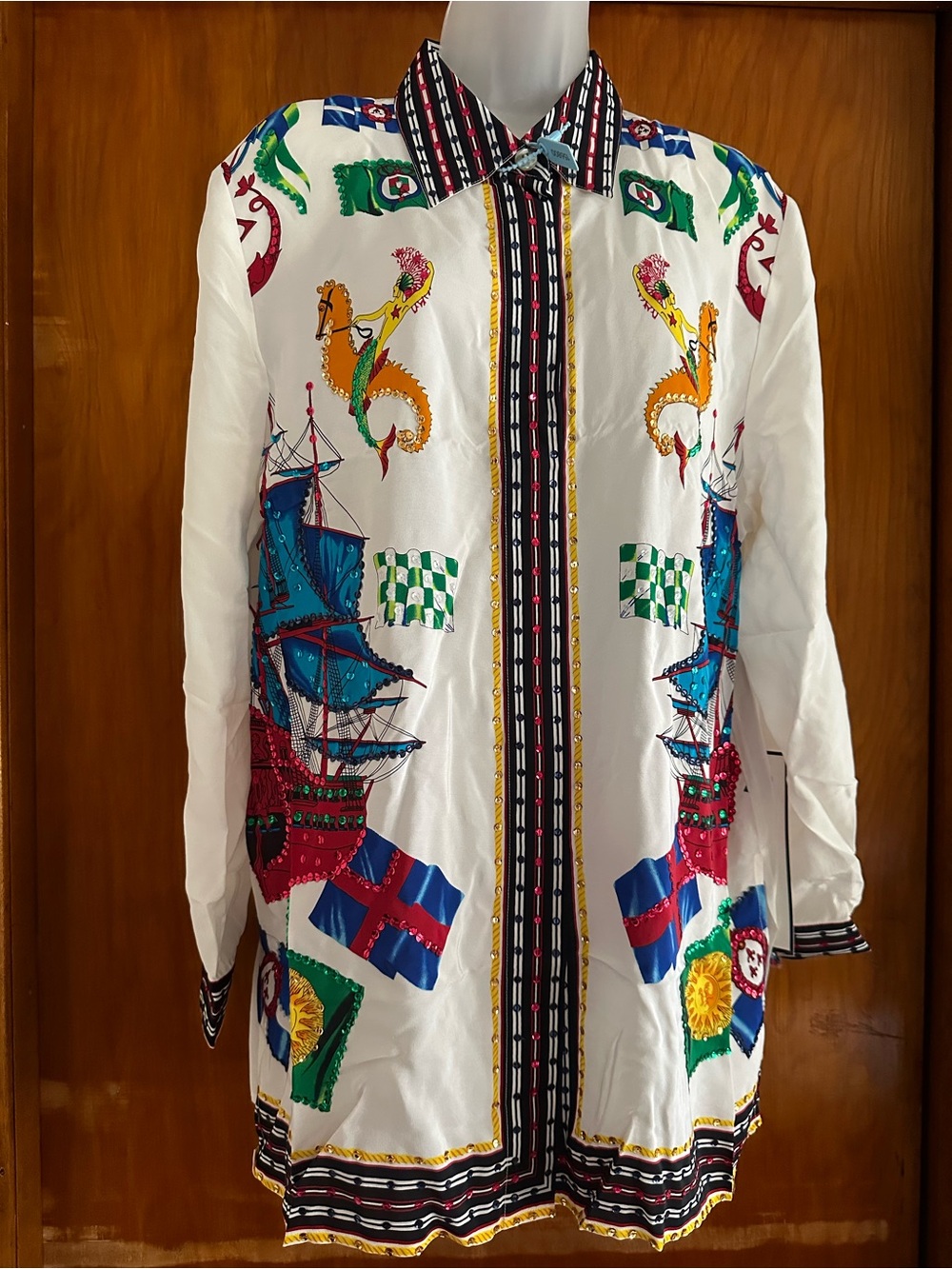 Vintage Diane Gilman 100% Silk Nautical Ship Seahorse Beaded Blouse NWT 1X